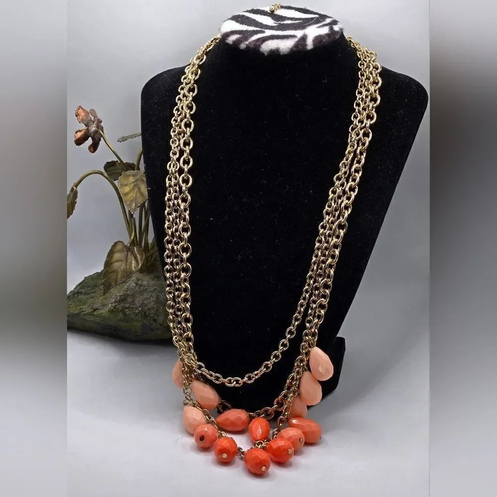 "5/$40" Goldtone Peach/Orange Acrylic Bead Triple Strand Long Statemet Necklace